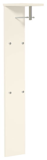 Garderobepaneel in heller Farbe mit mehreren Haken und einer Ablage, seitliche Perspektive