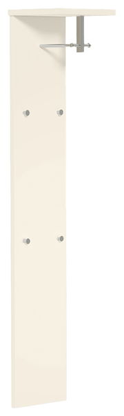 Garderobepaneel in heller Farbe mit mehreren Haken und einer Ablage, seitliche Perspektive