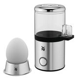 Eierkocher MyEgg Küchenminis in Edelstahloptik, seitliche Perspektive mit einem Ei auf einem Eierbecher