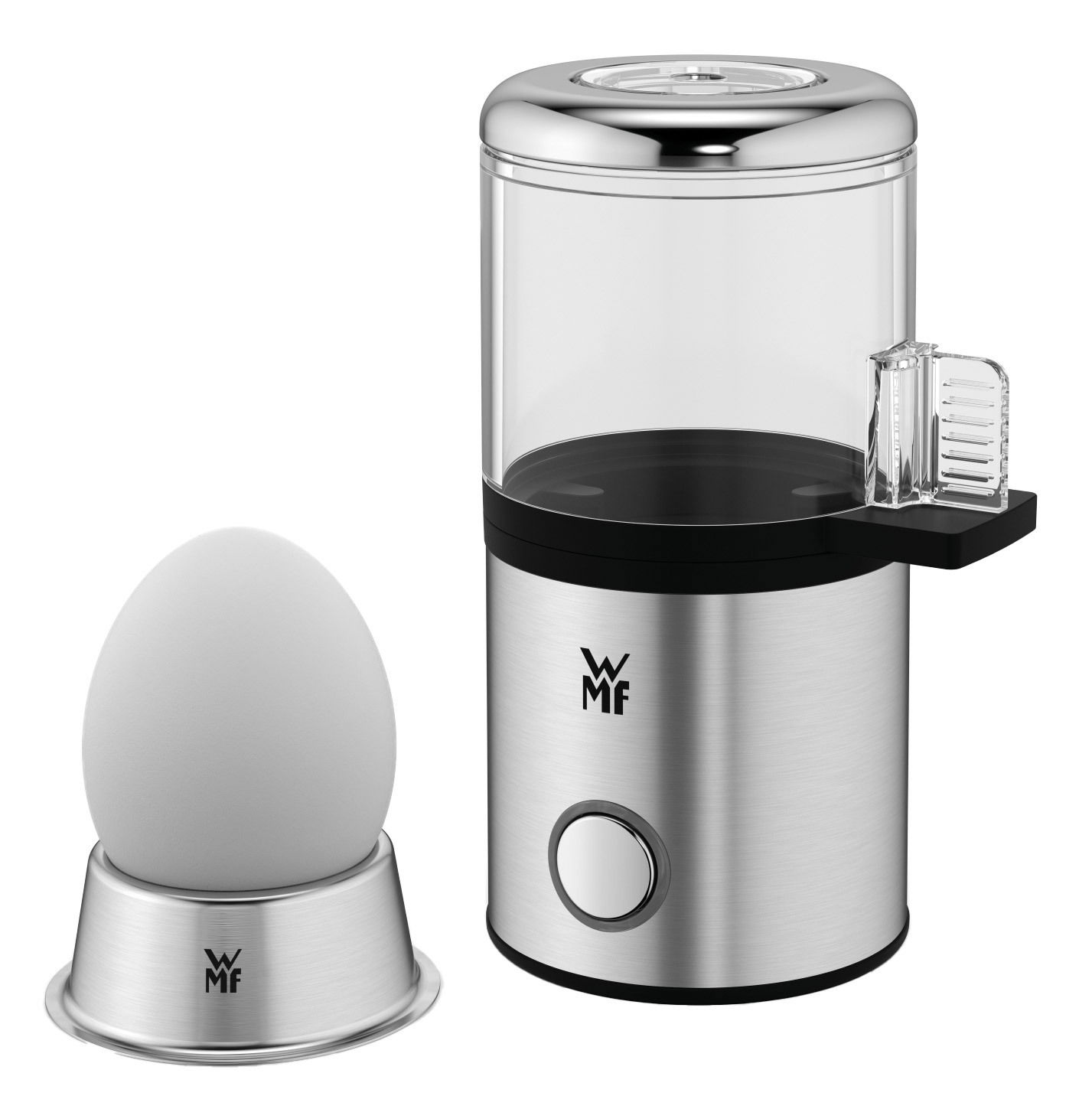 Eierkocher MyEgg Küchenminis in Edelstahloptik, seitliche Perspektive mit einem Ei auf einem Eierbecher