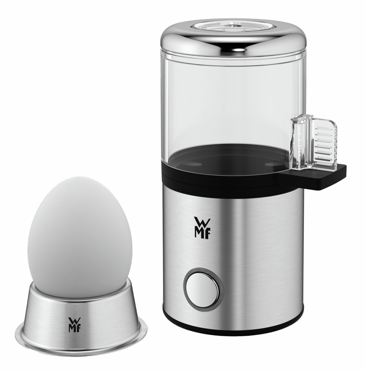 Eierkocher MyEgg Küchenminis in Edelstahloptik, seitliche Perspektive mit einem Ei auf einem Eierbecher