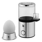 Eierkocher MyEgg Küchenminis in Edelstahloptik, seitliche Perspektive mit einem Ei auf einem Eierbecher