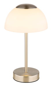 Elegante Tischleuchte mit rundem, weißem Lampenschirm und gebürstetem Metallfuß, seitliche Perspektive