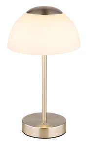 Elegante Tischleuchte mit rundem, weißem Lampenschirm und gebürstetem Metallfuß, seitliche Perspektive