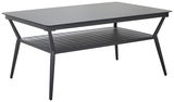 Moderner schwarzer Gartentisch mit rechteckiger Tischplatte und zusätzlicher Ablagefläche, seitliche Perspektive