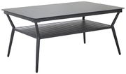 Moderner schwarzer Gartentisch mit rechteckiger Tischplatte und zusätzlicher Ablagefläche, seitliche Perspektive