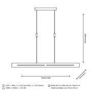 Technische Zeichnung einer LED-Pendelleuchte mit den Maßen: Breite 89 cm, Höhe 150 cm, Tiefe 6 cm. Höhenverstellbar von 70 bis 150 cm. Ansicht von der Seite.