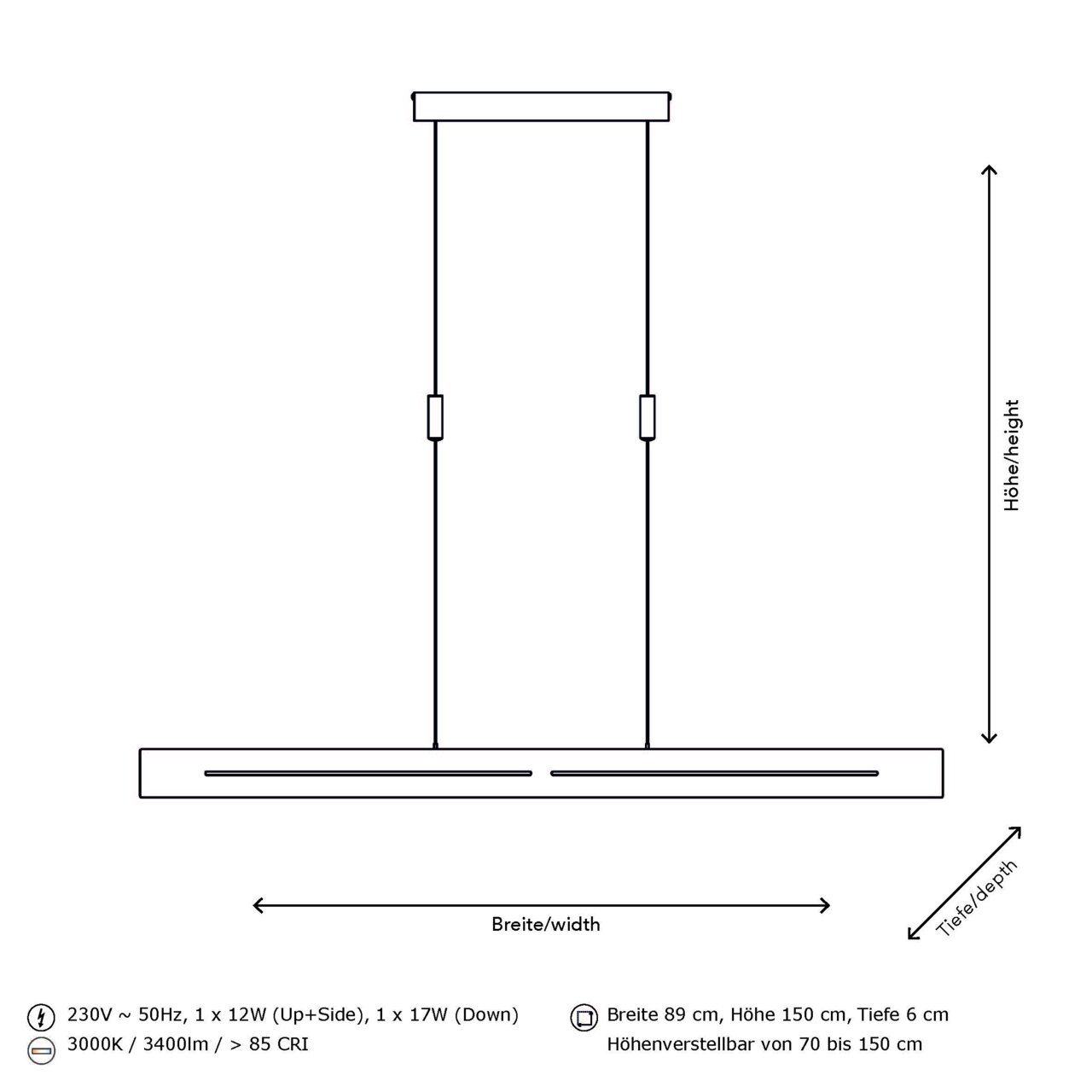 Technische Zeichnung einer LED-Pendelleuchte mit den Maßen: Breite 89 cm, Höhe 150 cm, Tiefe 6 cm. Höhenverstellbar von 70 bis 150 cm. Ansicht von der Seite.