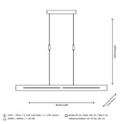 Technische Zeichnung einer LED-Pendelleuchte mit den Maßen: Breite 89 cm, Höhe 150 cm, Tiefe 6 cm. Höhenverstellbar von 70 bis 150 cm. Ansicht von der Seite.