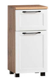 Moderner Unterschrank mit weißer Front und Holzoptik von schräg vorne betrachtet.