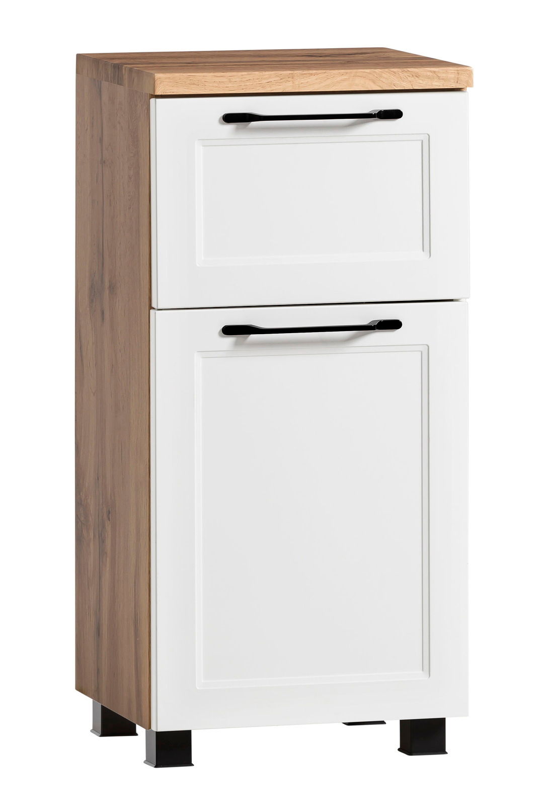 Moderner Unterschrank mit weißer Front und Holzoptik von schräg vorne betrachtet.