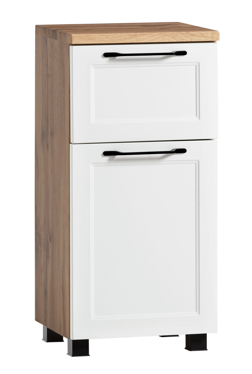 Moderner Unterschrank mit weißer Front und Holzoptik von schräg vorne betrachtet.