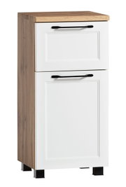 Moderner Unterschrank mit weißer Front und Holzoptik von schräg vorne betrachtet.