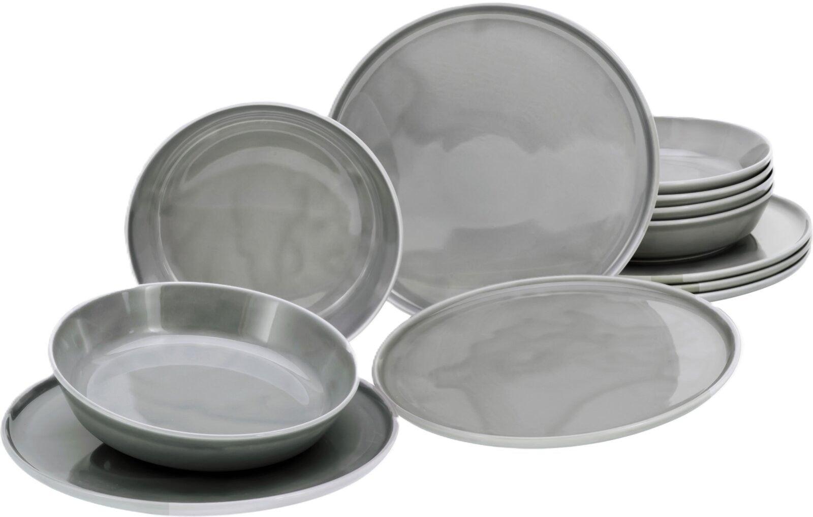 Creatable Tafelservice 12-tlg CHEF COLLECTION Graues Keramik-Geschirrset mit Tellern und Schalen, schräg von vorne in leichter Seitenansicht auf weißem Hintergrund fotografiert