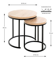 Zweier-Set Beistelltische mit runden Holzplatten und schwarzen Metallgestellen, größere Tischhöhe 49 cm, kleinere Tischhöhe 43 cm, Draufsicht.