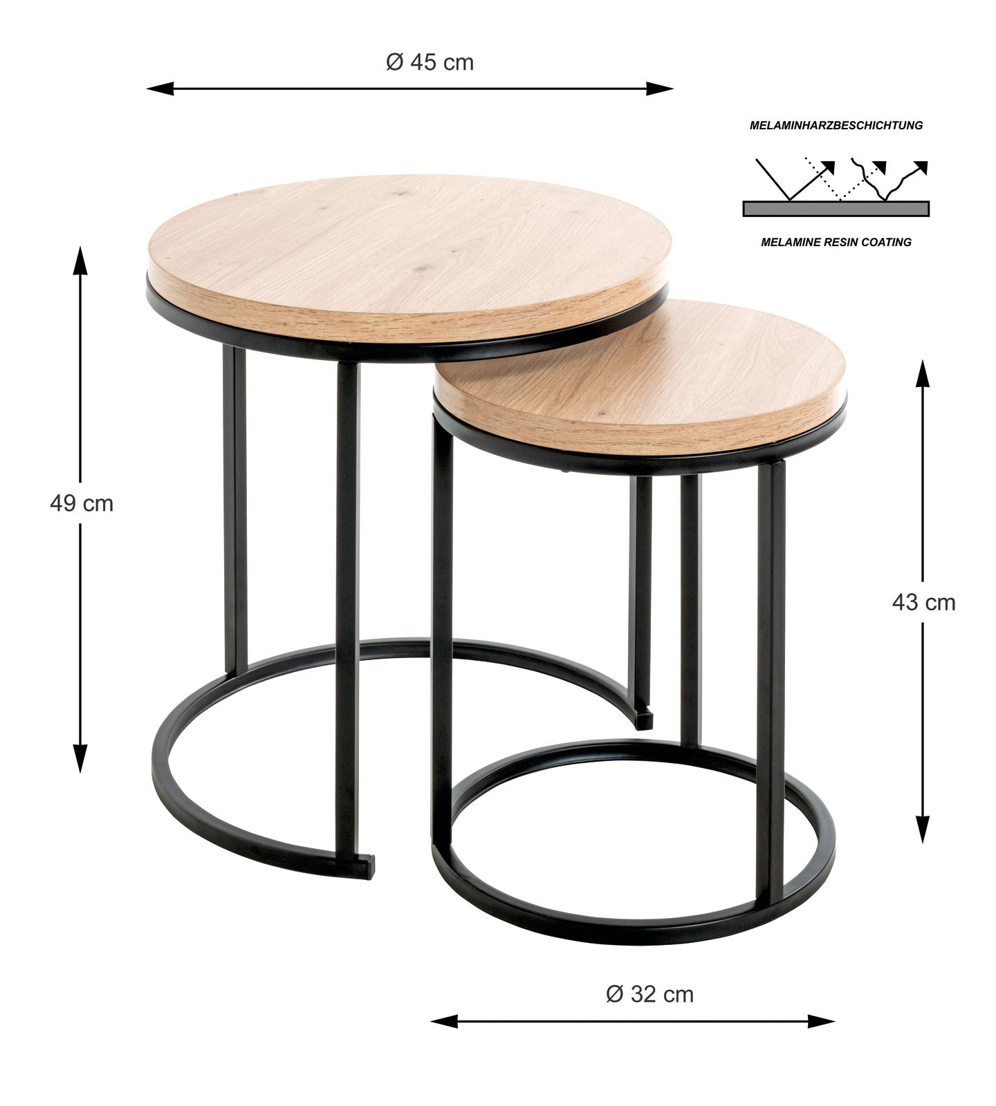 Zweier-Set Beistelltische mit runden Holzplatten und schwarzen Metallgestellen, größere Tischhöhe 49 cm, kleinere Tischhöhe 43 cm, Draufsicht.