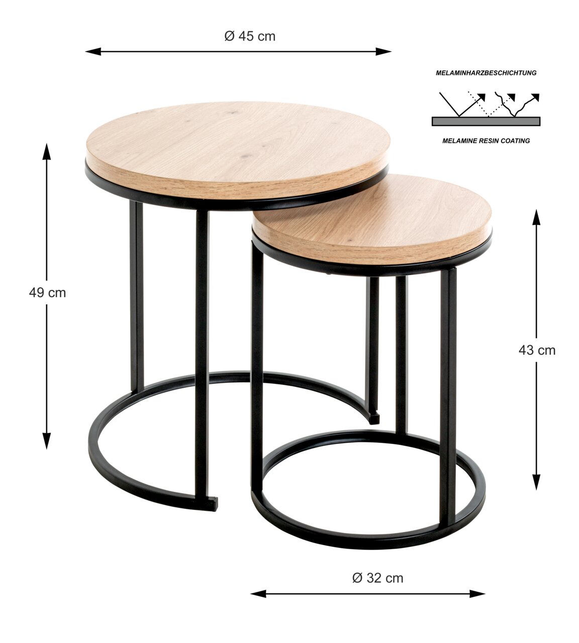 Set van twee bijzettafels met ronde houten bladen en zwarte metalen onderstellen, grotere tafelhoogte 49 cm, kleinere tafelhoogte 43 cm, bovenaanzicht.