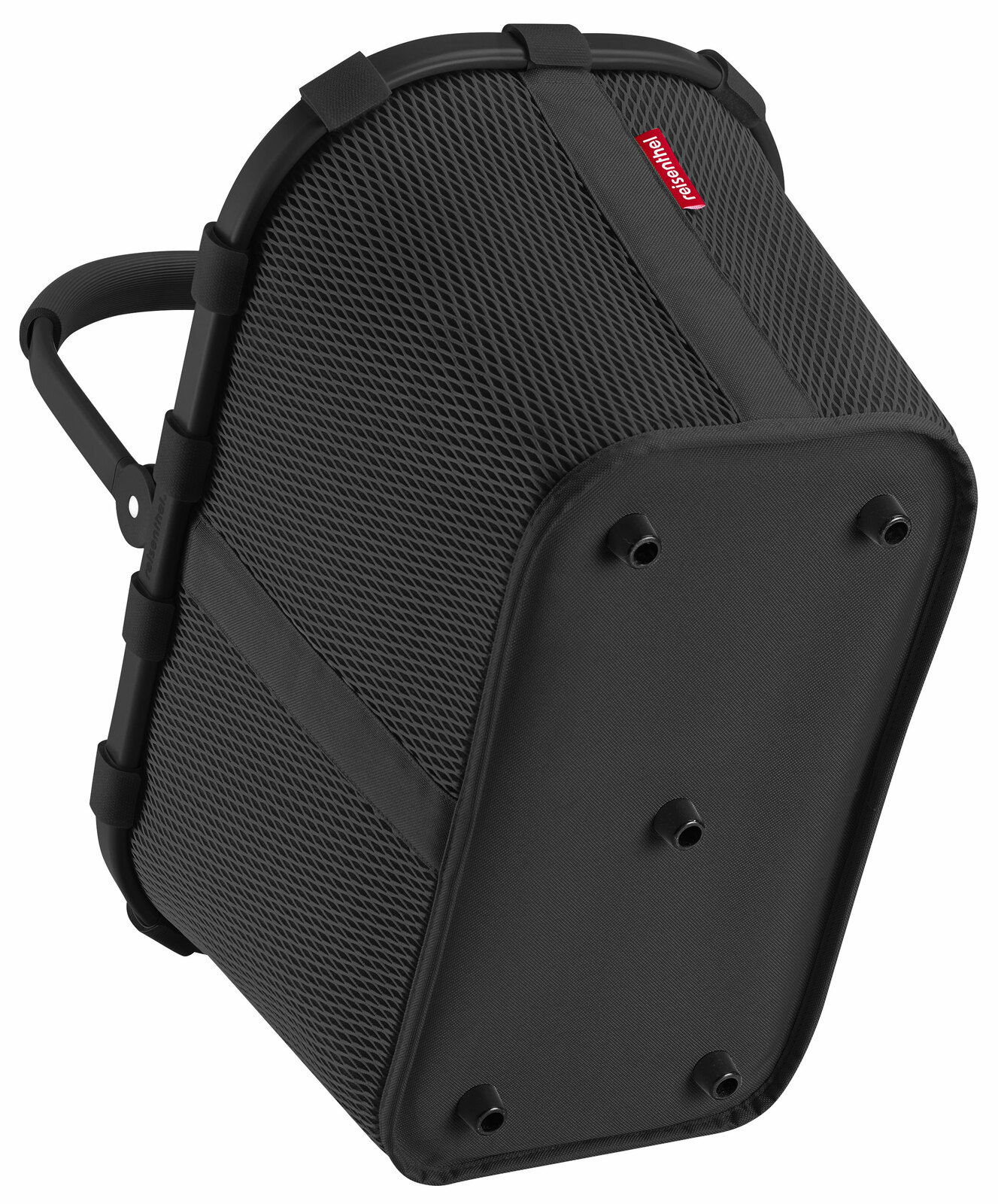 Schwarzer Einkaufskorb aus Netzmaterial mit stabilem Griff, seitliche Perspektive