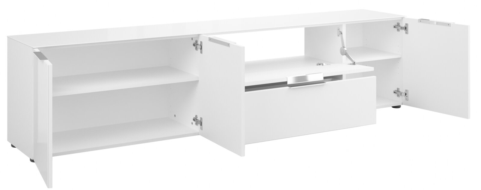 Weißes XL-TV-Lowboard mit offenen Türen und Schubladen, seitliche Perspektive