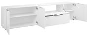 Weißes XL-TV-Lowboard mit offenen Türen und Schubladen, seitliche Perspektive