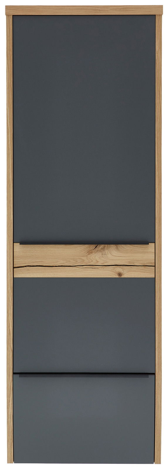 Frontansicht eines modernen Hängegarderobenschranks mit dunkler Front und Holzdetails.