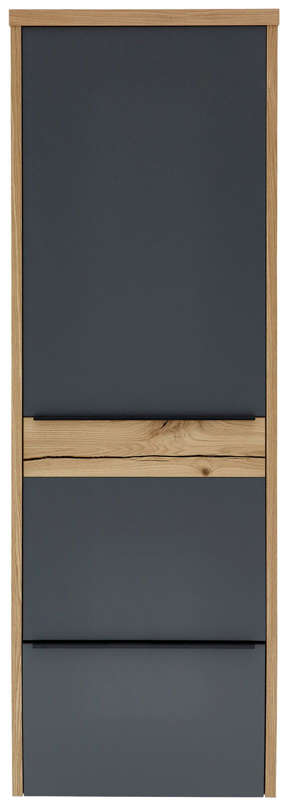 Frontansicht eines modernen Hängegarderobenschranks mit dunkler Front und Holzdetails.