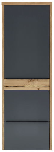 Frontansicht eines modernen Hängegarderobenschranks mit dunkler Front und Holzdetails.