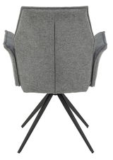 Rückansicht eines grauen Armlehnstuhls mit schwarzem Metallgestell und vier Beinen.