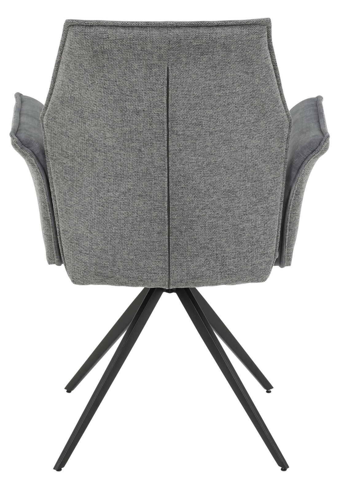 Rückansicht eines grauen Armlehnstuhls mit schwarzem Metallgestell und vier Beinen.