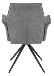 Rückansicht eines grauen Armlehnstuhls mit schwarzem Metallgestell und vier Beinen.