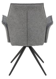 Rückansicht eines grauen Armlehnstuhls mit schwarzem Metallgestell und vier Beinen.