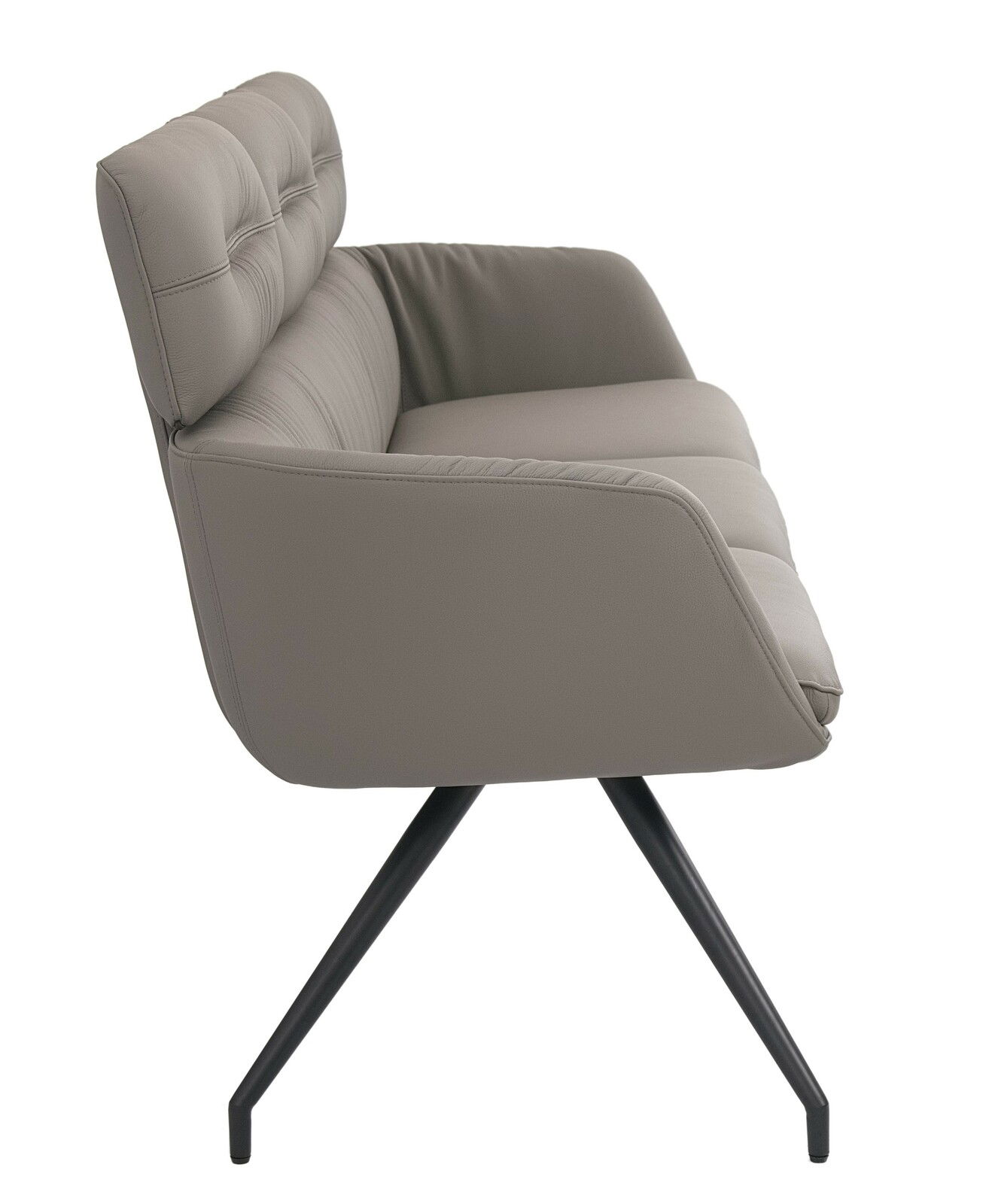 Seitliche Ansicht einer modernen, gepolsterten Sitzbank mit schwarzem Metallgestell und grauem Bezug.