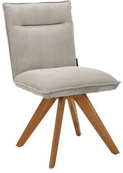 Moderner Stuhl mit gepolstertem, geripptem Stoffbezug und Holzbeinen, seitliche Perspektive