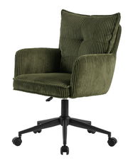 Grüner Drehstuhl mit geripptem Stoffbezug, Armlehnen und schwarzem Rollfuß, seitliche Perspektive