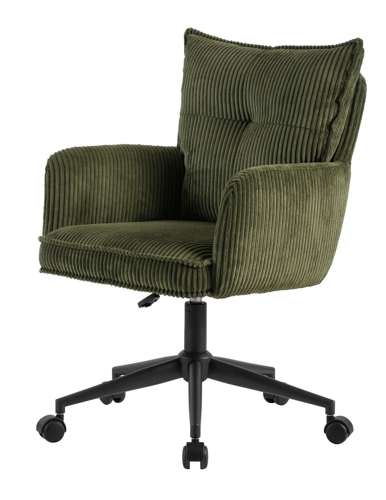 Grüner Drehstuhl mit geripptem Stoffbezug, Armlehnen und schwarzem Rollfuß, seitliche Perspektive