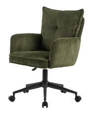 Grüner Drehstuhl mit geripptem Stoffbezug, Armlehnen und schwarzem Rollfuß, seitliche Perspektive