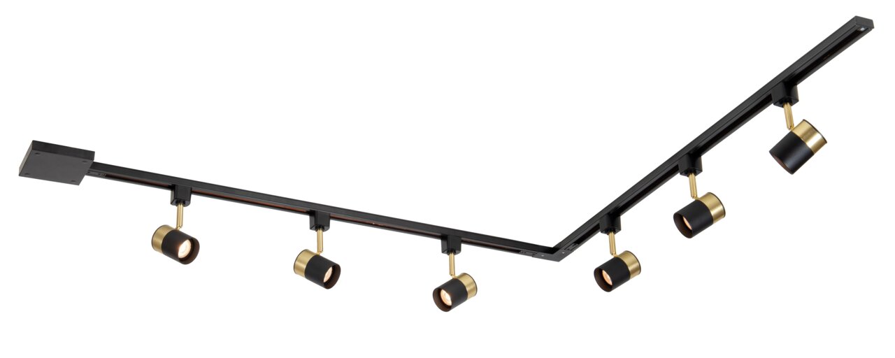 Schwarzes und goldenes Schienensystem mit fünf verstellbaren Strahlern, seitliche Perspektive