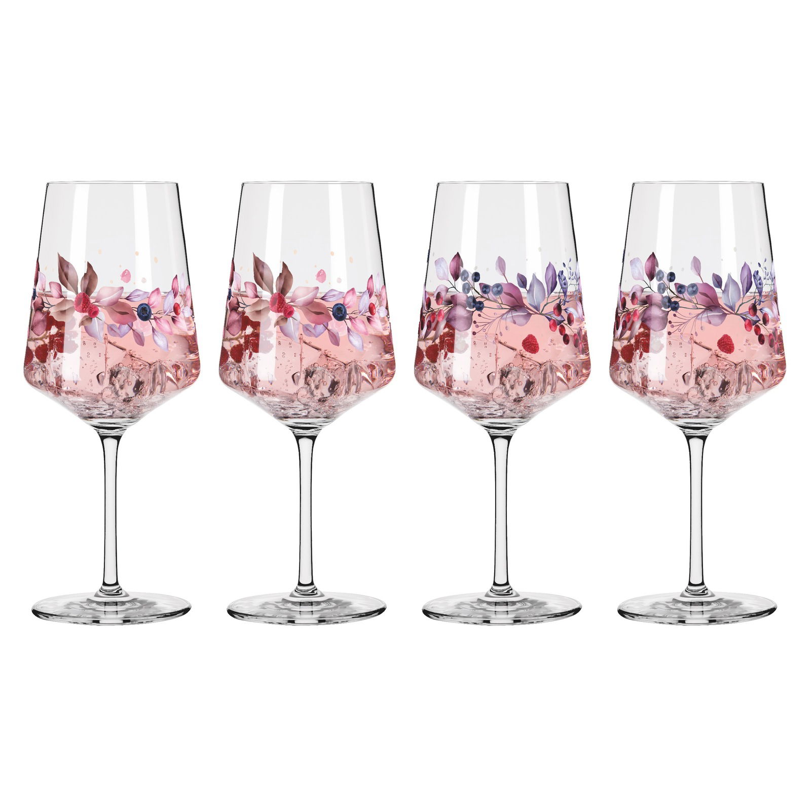 Vier elegante Weingläser mit floralen Mustern und rosa Getränk, frontal betrachtet.