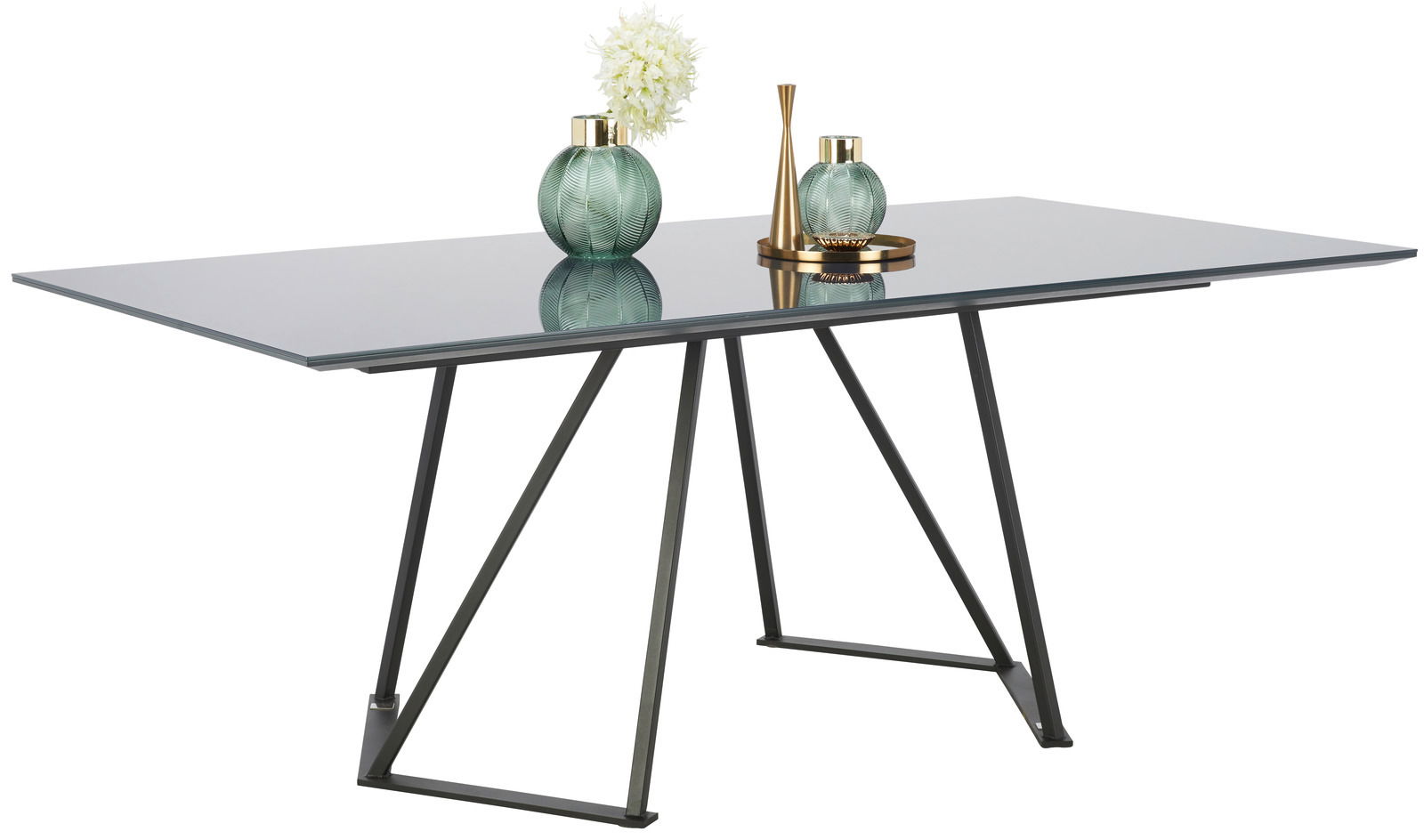 Moderner Esstisch mit Glasplatte und geometrischem Metallgestell, seitliche Perspektive