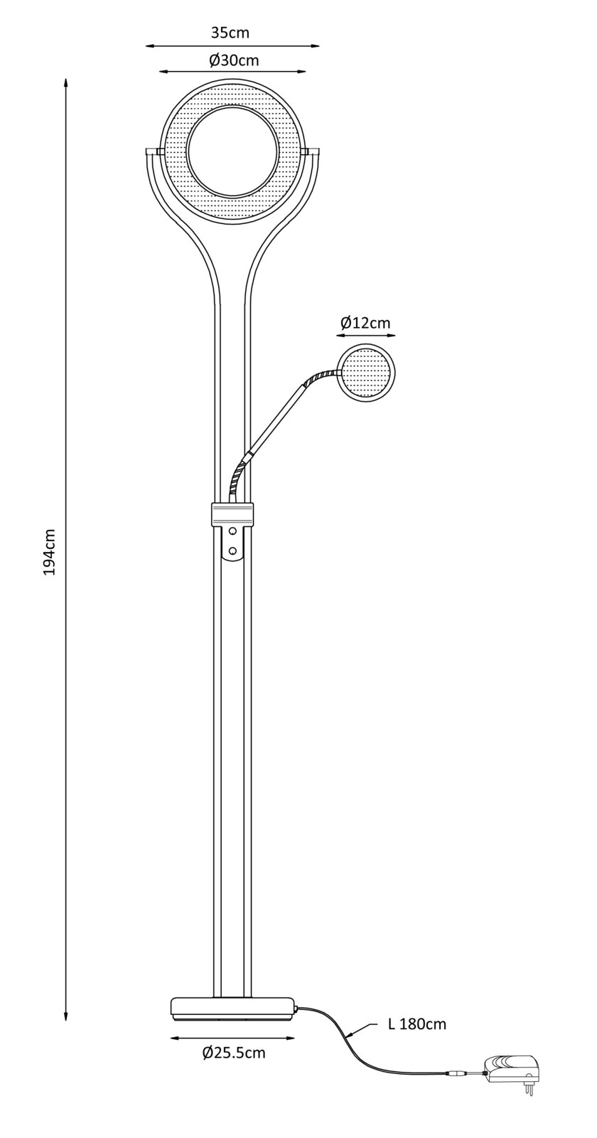 Technische Strichzeichnung einer LED-Ringlampe auf Stativ mit kleinem Zusatzlicht, Frontansicht; Maße: Höhe 194 cm, Ring Ø30 cm (Breite 35 cm), Zusatzlicht Ø12 cm, Fuß Ø25,5 cm, Kabellänge 180 cm.