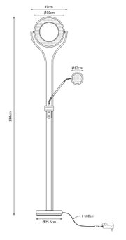 Technische Strichzeichnung einer LED-Ringlampe auf Stativ mit kleinem Zusatzlicht, Frontansicht; Maße: Höhe 194 cm, Ring Ø30 cm (Breite 35 cm), Zusatzlicht Ø12 cm, Fuß Ø25,5 cm, Kabellänge 180 cm.