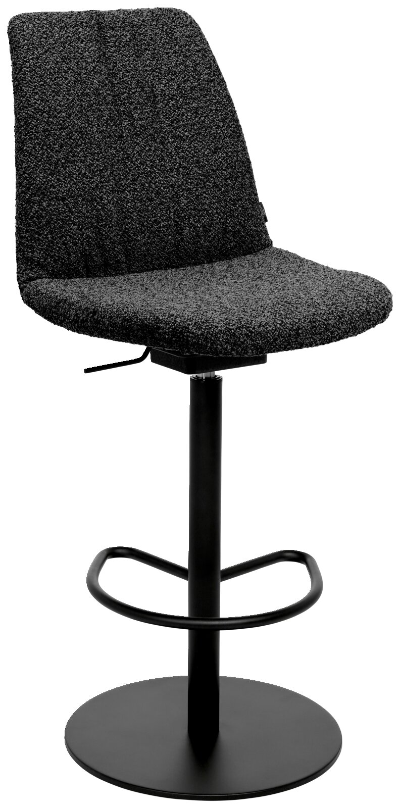 Johann Jakob Barkruk FLAVIO Moderne barkruk met zwarte stoffen bekleding en metalen onderstel, zijaanzicht