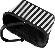 Schwarz-weiß gestreifte Einkaufskorb-Tasche mit Reißverschlussfach und klappbarem Griff, schräg von oben in Perspektive fotografiert