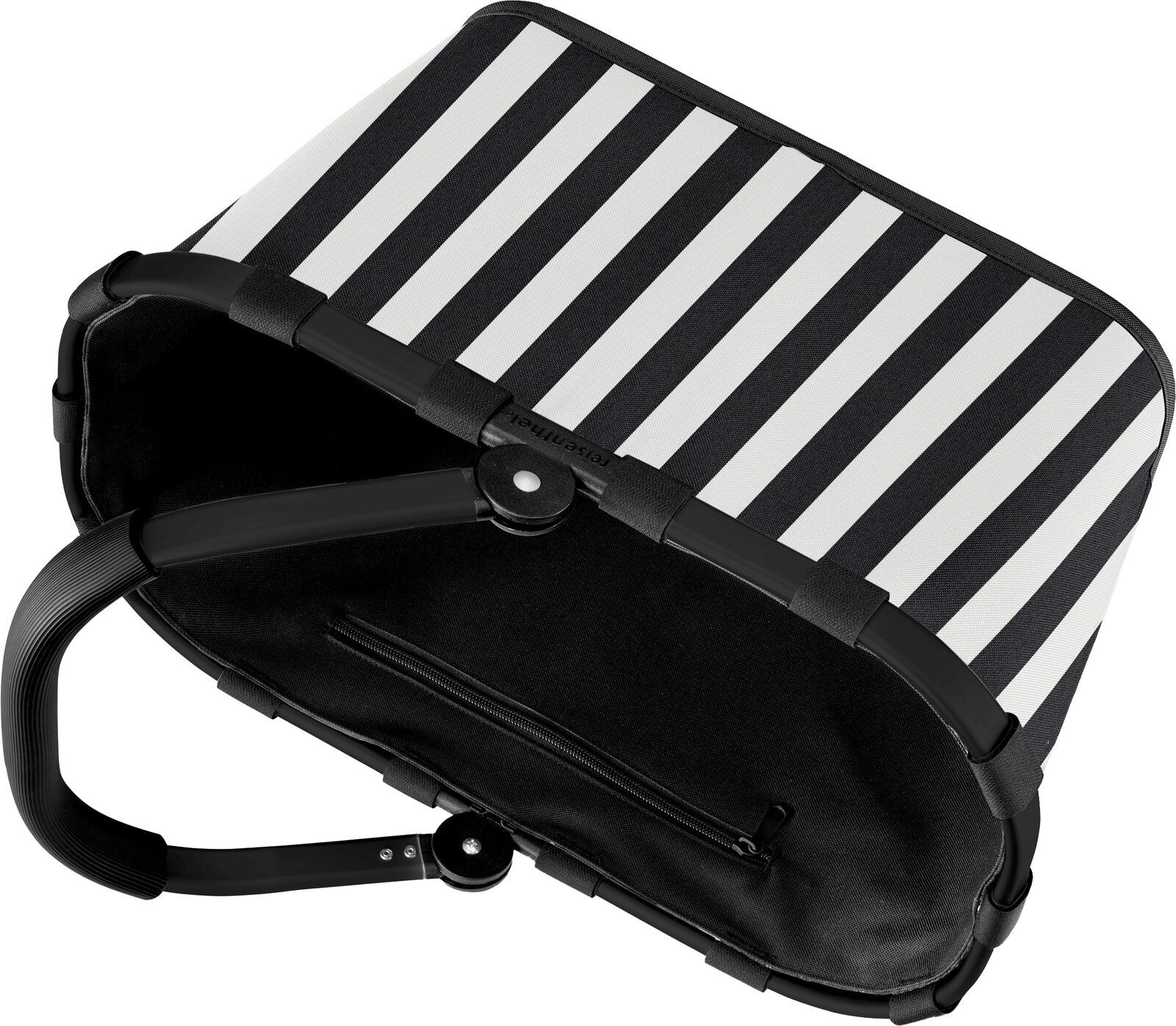Schwarz-weiß gestreifte Einkaufskorb-Tasche mit Reißverschlussfach und klappbarem Griff, schräg von oben in Perspektive fotografiert