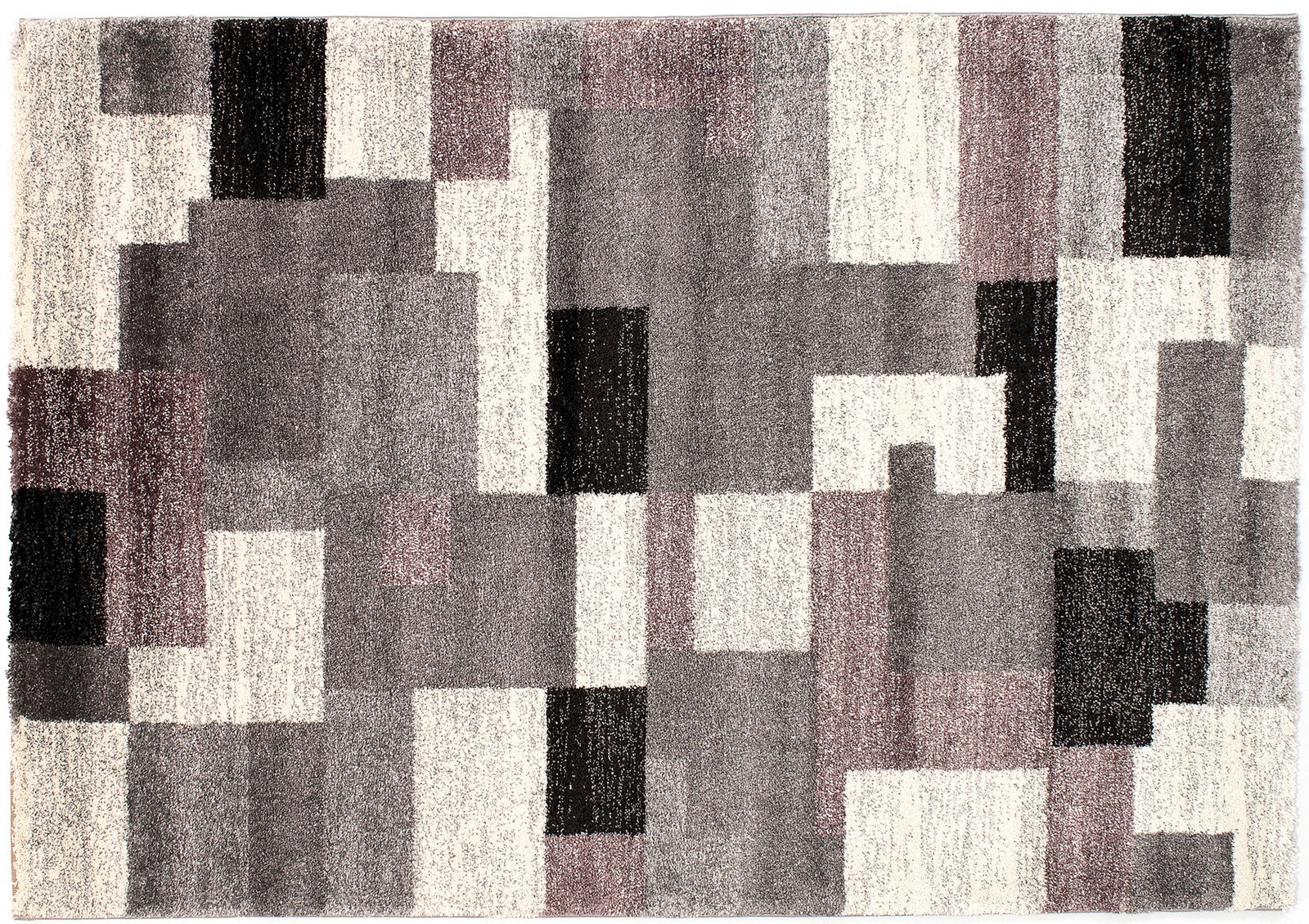Frisé-Teppich mit geometrischem Muster in Grau-, Schwarz- und Beigetönen, Draufsicht
