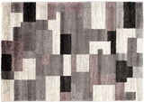 Frisé-Teppich mit geometrischem Muster in Grau-, Schwarz- und Beigetönen, Draufsicht