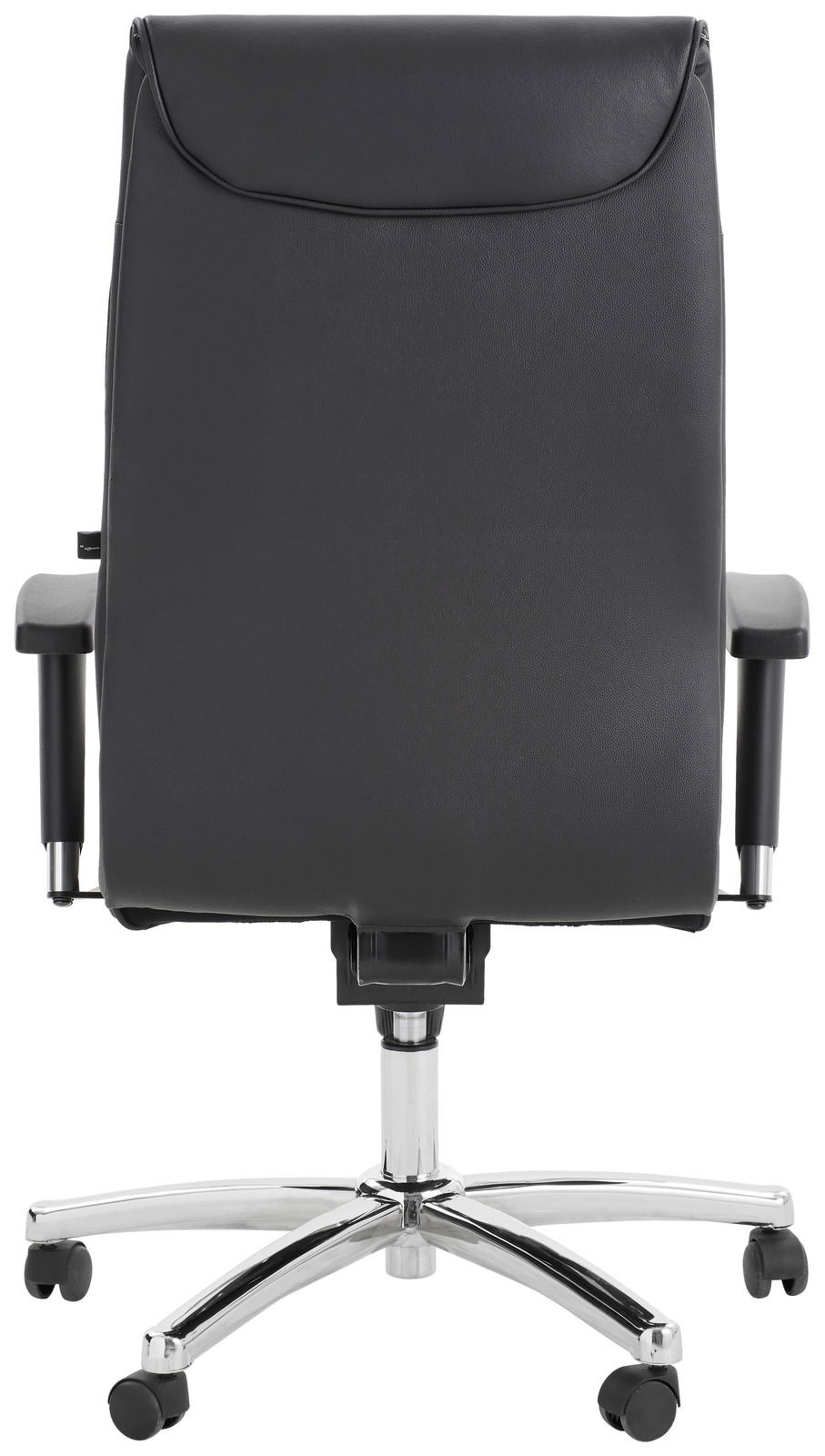 Rückansicht eines schwarzen Chefsessels mit verchromtem Fußkreuz und Rollen.