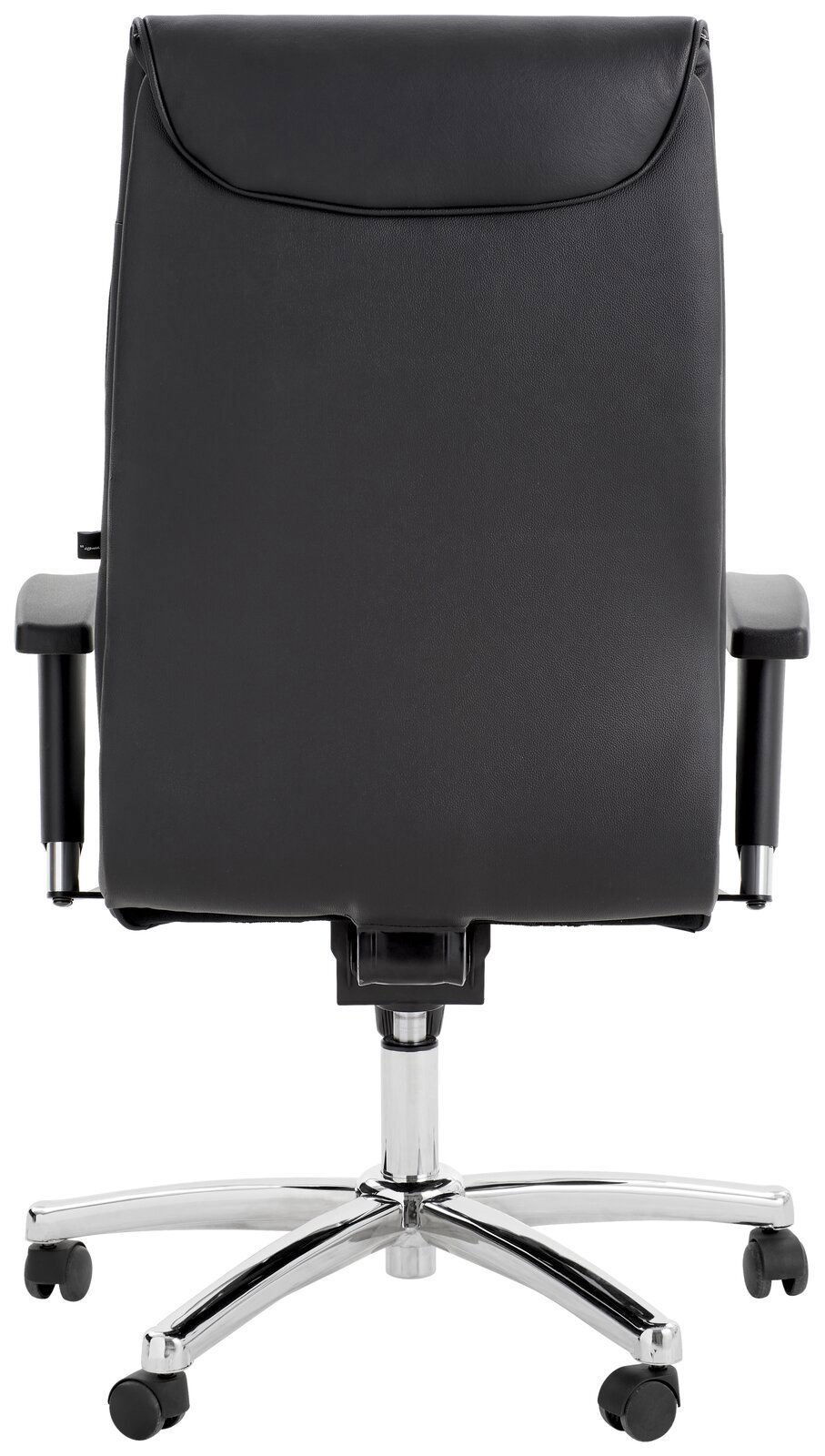 Rückansicht eines schwarzen Chefsessels mit verchromtem Fußkreuz und Rollen.