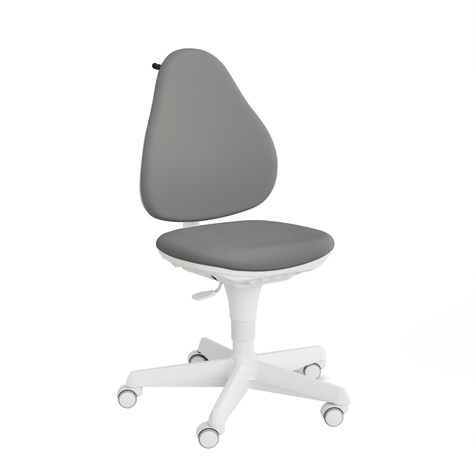 Grauer Jugenddrehstuhl mit ergonomischer Rückenlehne und weißem Gestell, seitliche Perspektive