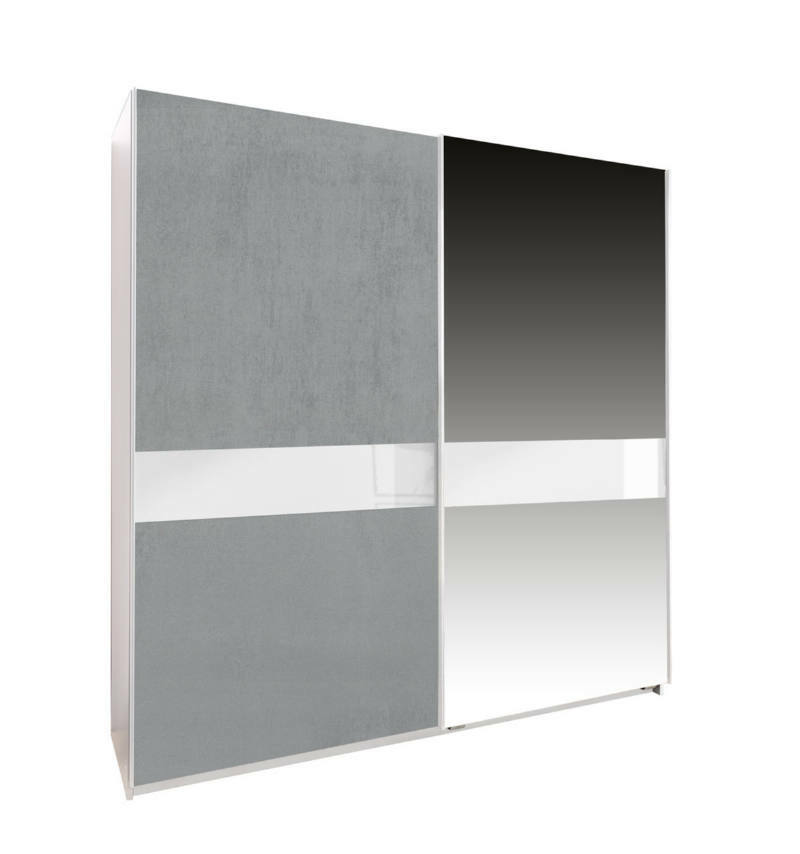 Moderner Schwebetürenschrank mit zwei Türen, linke Tür in grauer Betonoptik, rechte Tür mit Spiegel, seitliche Perspektive.